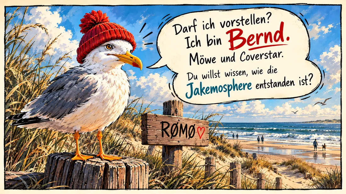 Bild 1: Möwe Bernd mit roter Bommelmütze auf einem Pfahl in den Dünen von Rømø: »Darf ich vorstellen? Ich bin Bernd. Möwe und Coverstar. Du willst wissen, wie die Jakemosphere entstanden ist?«