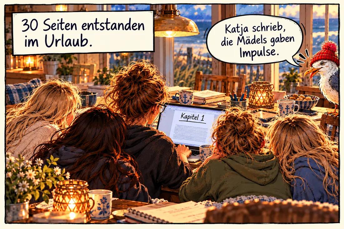 Bild 8: Katja schreibt am Laptop »Kapitel 1«, die Mädels schauen zu. Text: »30 Seiten entstanden im Urlaub.« Bernd: »Katja schrieb, die Mädels gaben Impulse.«