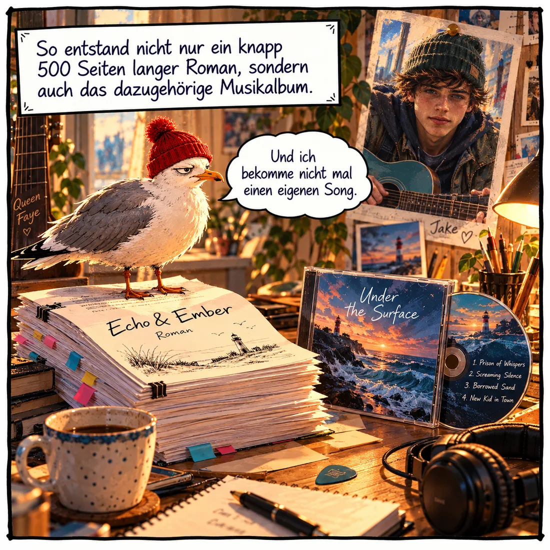 Bild 14: Bernd auf einem dicken Manuskript »Echo & Ember«, daneben die CD »Under the Surface«. Text: »So entstand nicht nur ein knapp 500 Seiten langer Roman, sondern auch das dazugehörige Musikalbum.« Bernd: »Und ich bekomme nicht mal einen eigenen Song.«