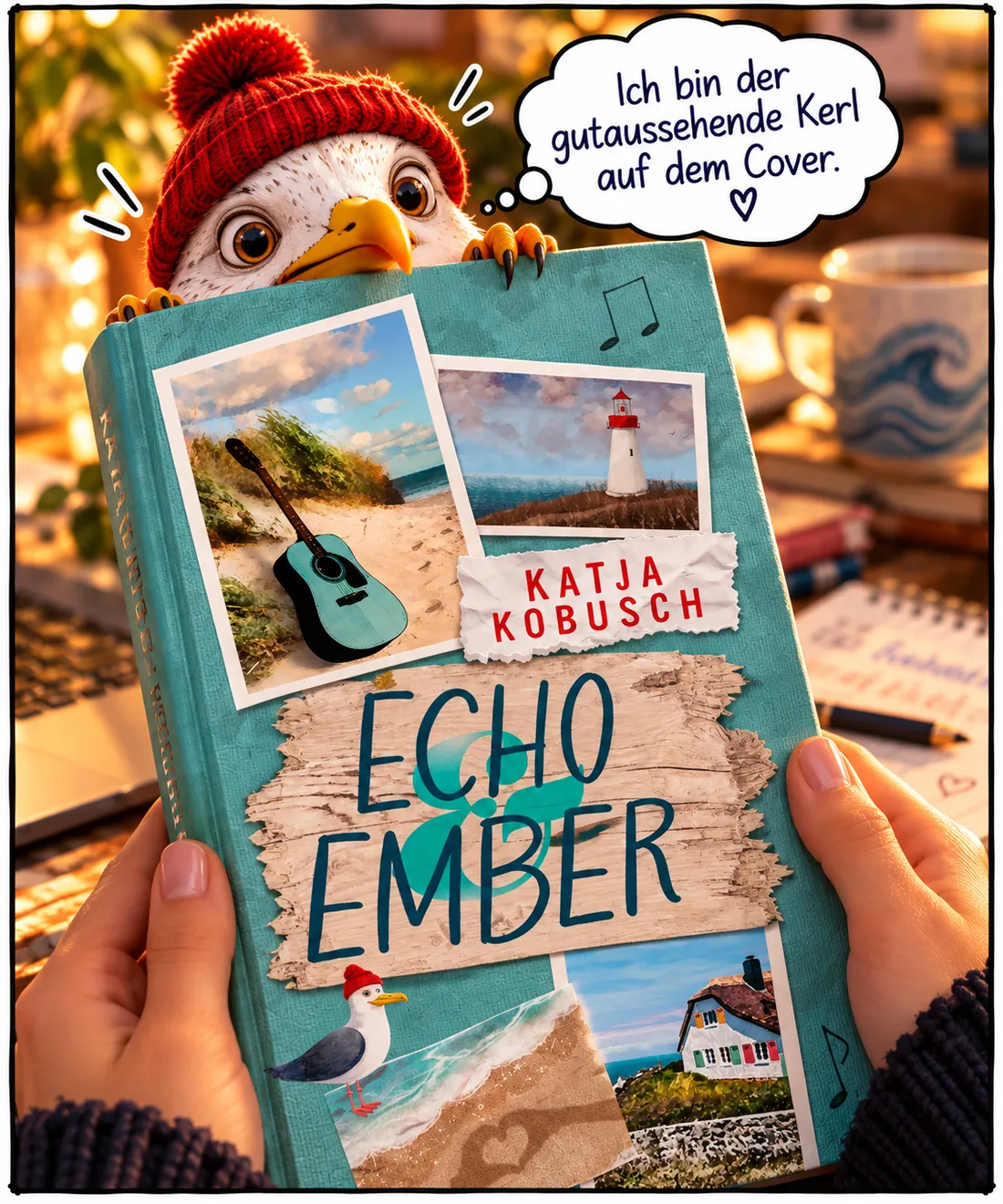 Bild 21: Bernd lugt über das Buchcover von »Echo & Ember«: »Ich bin der gutaussehende Kerl auf dem Cover.«