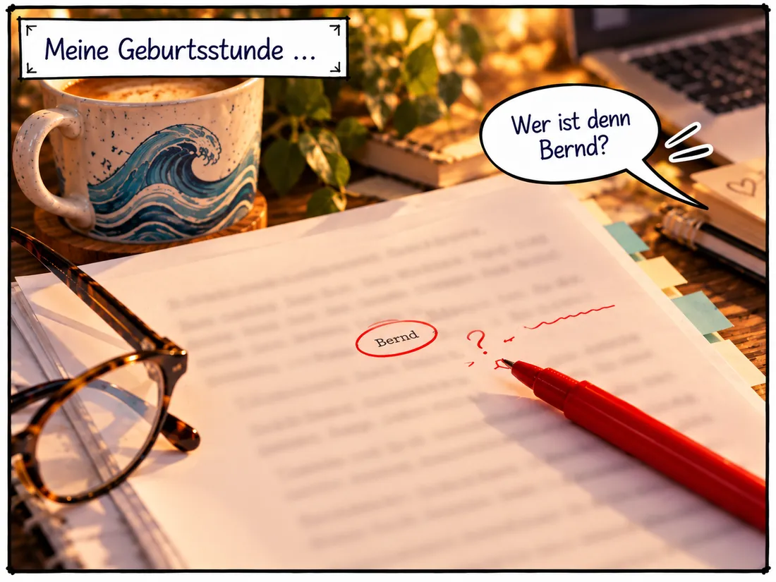 Bild 22: Manuskriptseite, das Wort »Bernd« ist rot eingekreist. Text: »Meine Geburtsstunde …« Sprechblase: »Wer ist denn Bernd?«