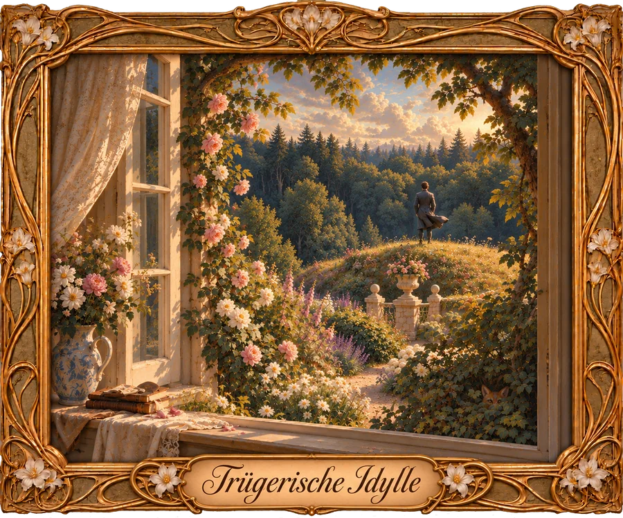 Gemälde »Trügerische Idylle«: Blick aus einem offenen Fenster auf einen Garten und einen Mann auf einem Hügel